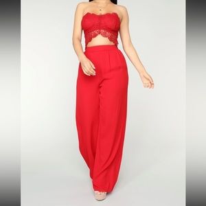 Fashion Nova Love Quote Lace Jumpsuit  - Red‎